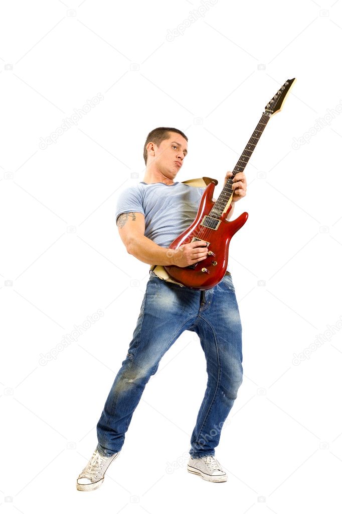 Guitarist playing isolated on white