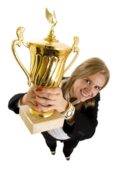 Mulher de negócios ganhando um troféu de ouro — Fotografia de Stock