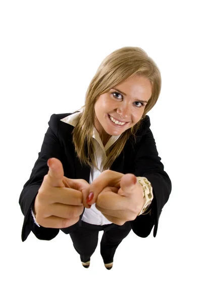 Glad affärskvinna pekar du — Stockfoto