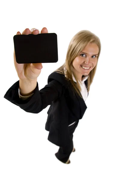 Mulher de negócios apresentando um cartão — Fotografia de Stock