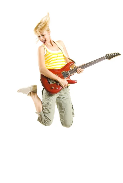 Femme guitariste saute — Photo