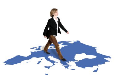 Business woman walking on europe map clipart