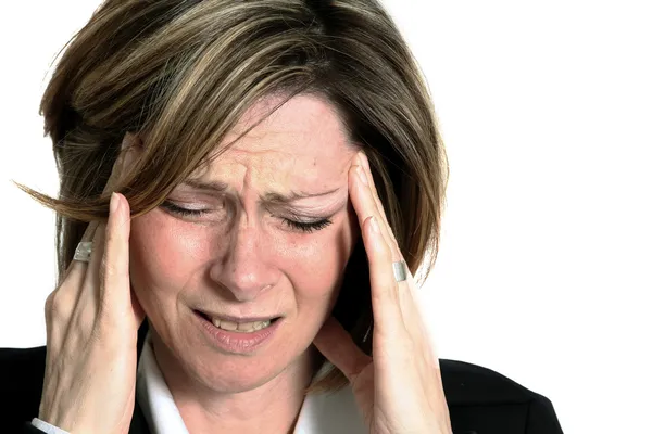 Iş kadını baş ağrısı ile — Stok fotoğraf