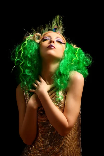 Fashion girl-peacock with green hair — Stock Photo, Image