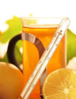 Thermometer with tea and lemon clipart