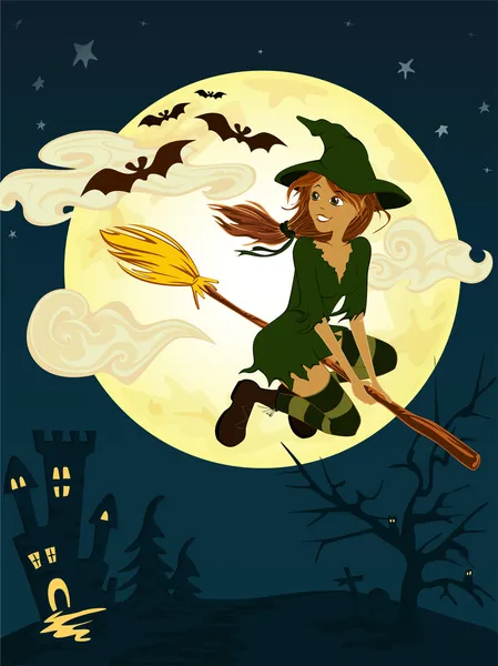 Witch met bezem — Stockvector
