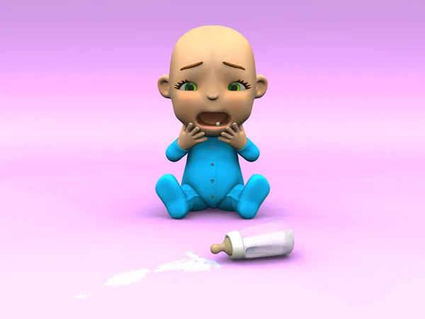Cute toon baby crying over spilt milk. — Stock Photo, Image