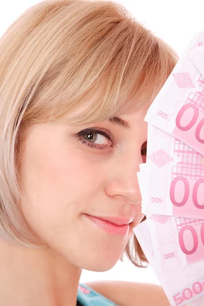 Casual happy woman with money — Stock Photo, Image