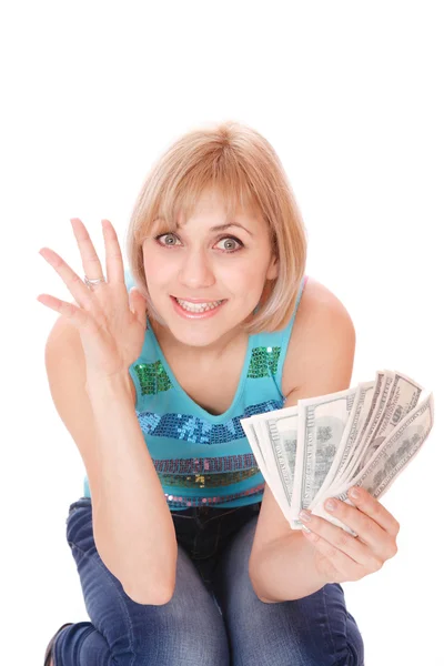 Casual happy woman with money — Stock Photo, Image