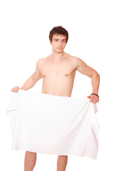 Jonge, knappe man overwraped door handdoek — Stockfoto