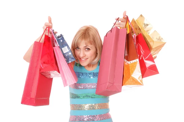 Šťastná žena s nákupní tašky — Stock fotografie