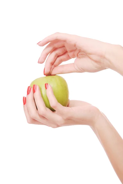 Świeże zielone jabłko w ręku — Zdjęcie stockowe