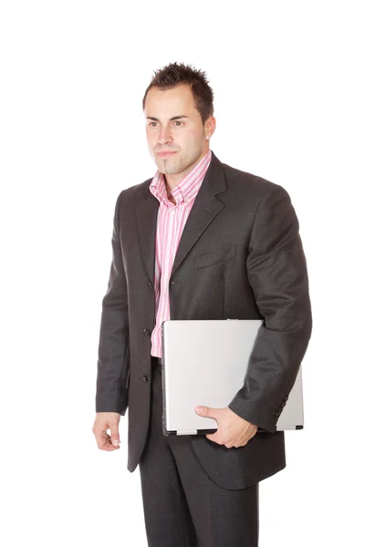 Gelukkig zakenman holding laptopcomputer — Stockfoto
