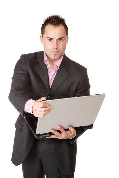Empresário feliz segurando computador portátil — Fotografia de Stock