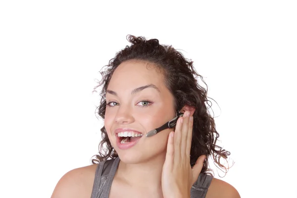 Frau mit Kopfhörer mit Mikrofon — Stockfoto