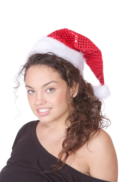Jovem mulher usando chapéu de Natal — Fotografia de Stock