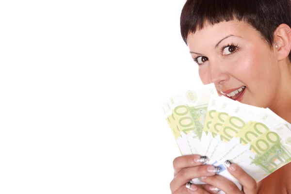 Glückliche Frau mit Euro-Banknotengruppe isoliert. — Stockfoto