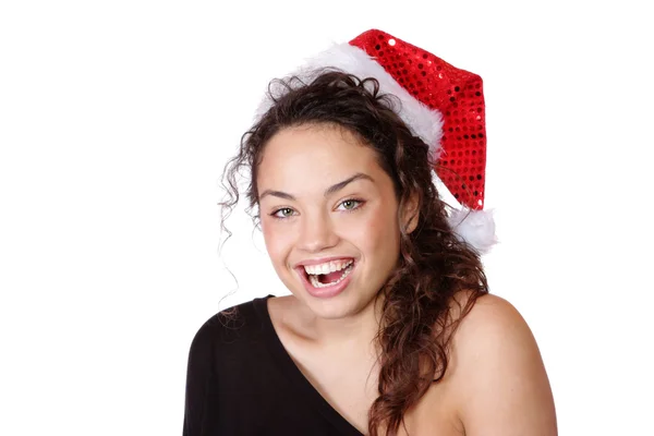 年轻女子戴着圣诞帽 — 图库照片