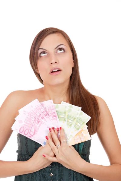 Aantrekkelijke vrouw neemt veel van 100 dollarbiljetten — Stockfoto