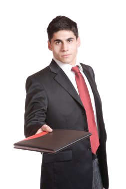 Confident businessman with notebook clipart