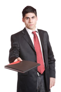 Confident businessman with notebook clipart