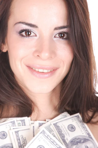Donna attraente prende un sacco di banconote da 100 dollari — Foto Stock