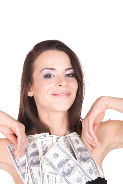 Attractive woman takes lot of 100 dollar bills — Stock Photo, Image
