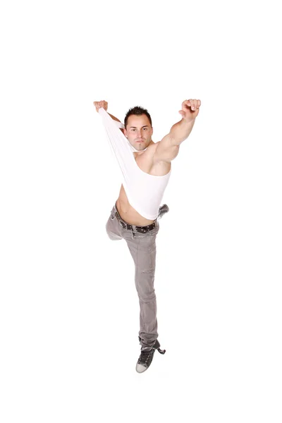 Porträt eines gut aussehenden jungen Mannes beim Springen — Stockfoto