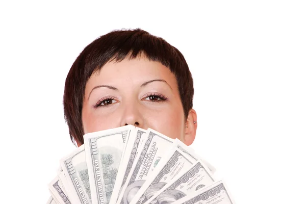 Привлекательная женщина берет 100 долларов купюр — стоковое фото