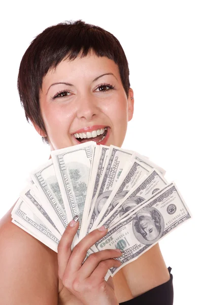 Attractive woman takes 100 dollar bills — Stock Photo, Image