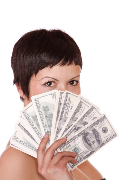 Mulher atraente leva notas de 100 dólares — Fotografia de Stock