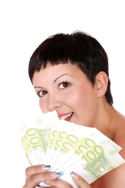 Mujer feliz con un grupo de billetes de euro — Foto de Stock