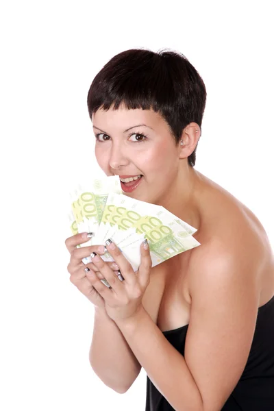 Gelukkige vrouw met groep van euro rekeningen — Stockfoto