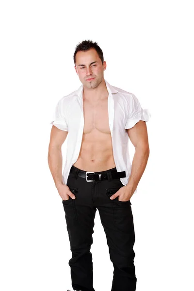 Sexy muscular homem isolado no branco — Fotografia de Stock