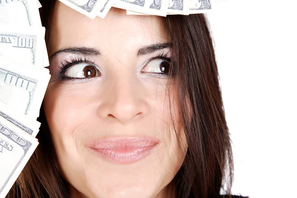 Donna attraente con banconote da 100 dollari — Foto Stock