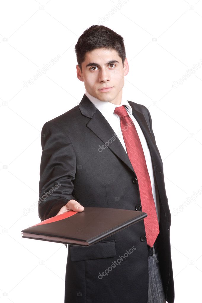 Confident businessman with notebook