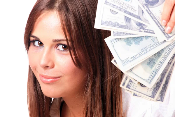 Atractiva mujer toma mucho de billetes de 100 dólares — Foto de Stock