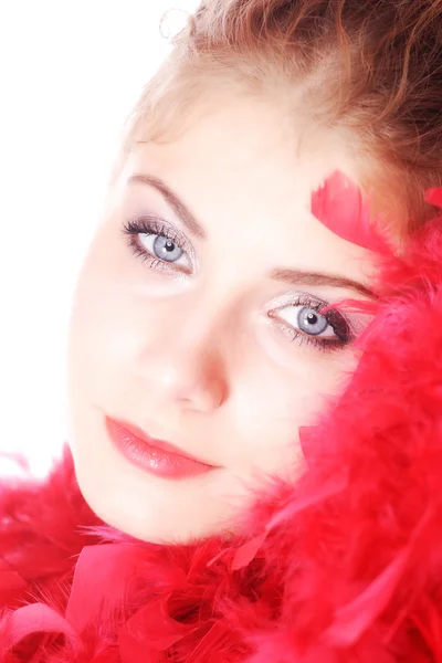 Beautiful woman with red fan — Stock Photo, Image