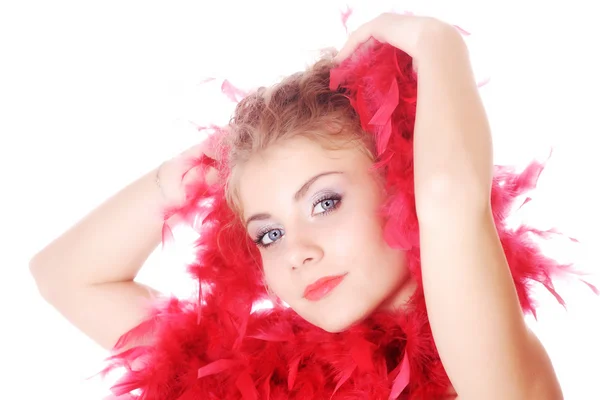 Krásná žena s červeným ventilátor — Stock fotografie