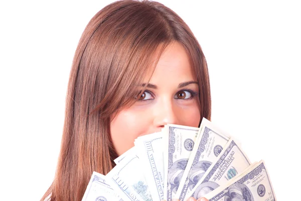 Attractive woman with 100 dollar bills — Stock Photo, Image