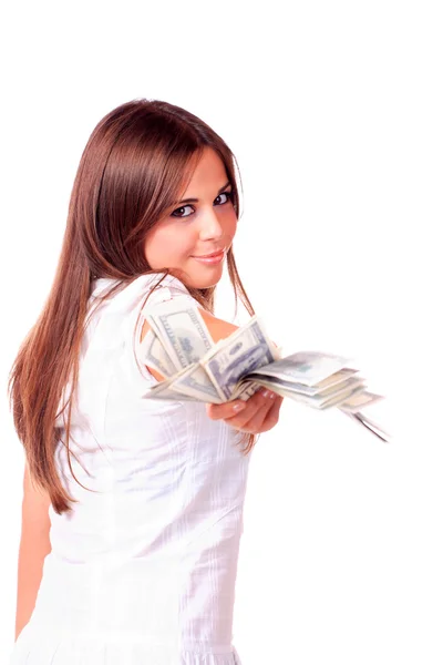 Attrayant femme prend beaucoup de billets de 100 dollars — Photo