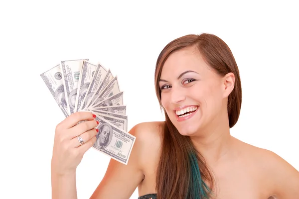 Привлекательная женщина берет много 100 долларов купюр — стоковое фото