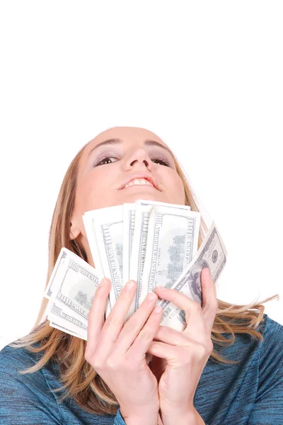 Attraktive Frau mit 100-Dollar-Scheinen — Stockfoto
