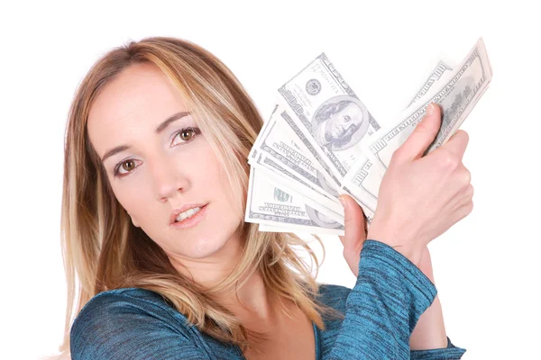Mulher atraente com notas de 100 dólares — Fotografia de Stock