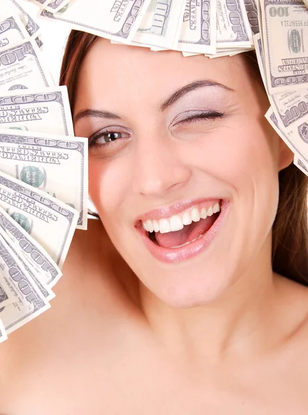 有吸引力的女人花 100 美元的钞票很多 — 图库照片