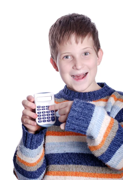 Νεαρό αγόρι με αριθμομηχανή — Φωτογραφία Αρχείου