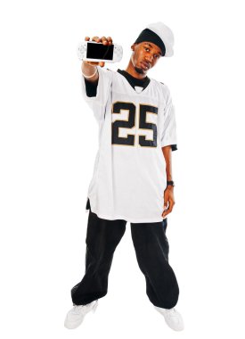 Handsome hip-hop young man with video game on wh clipart