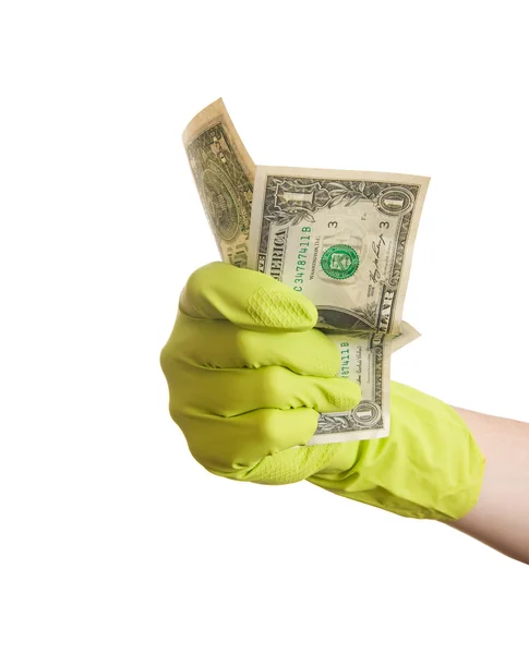 stock image Hand wearing rubber glove holding dollars