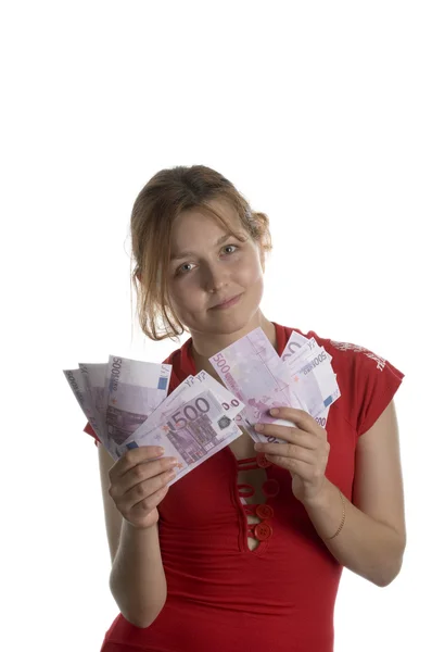 Girl with bunch of euros — Stock Photo, Image