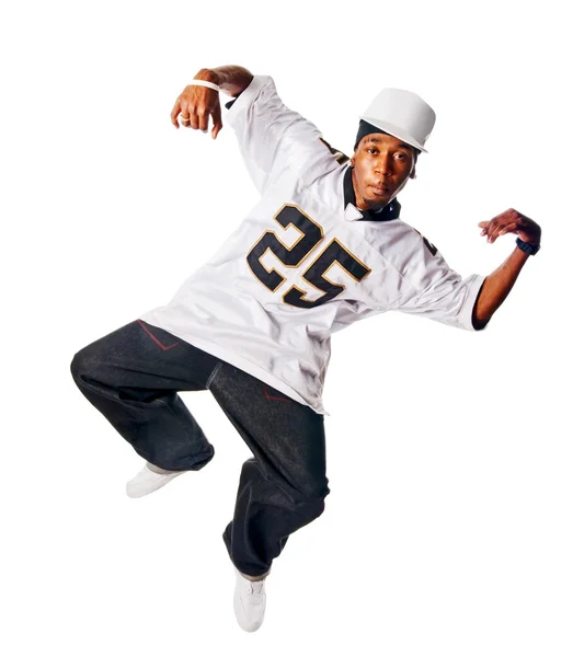 Dancing hip-hop young man on white — Stock Photo, Image